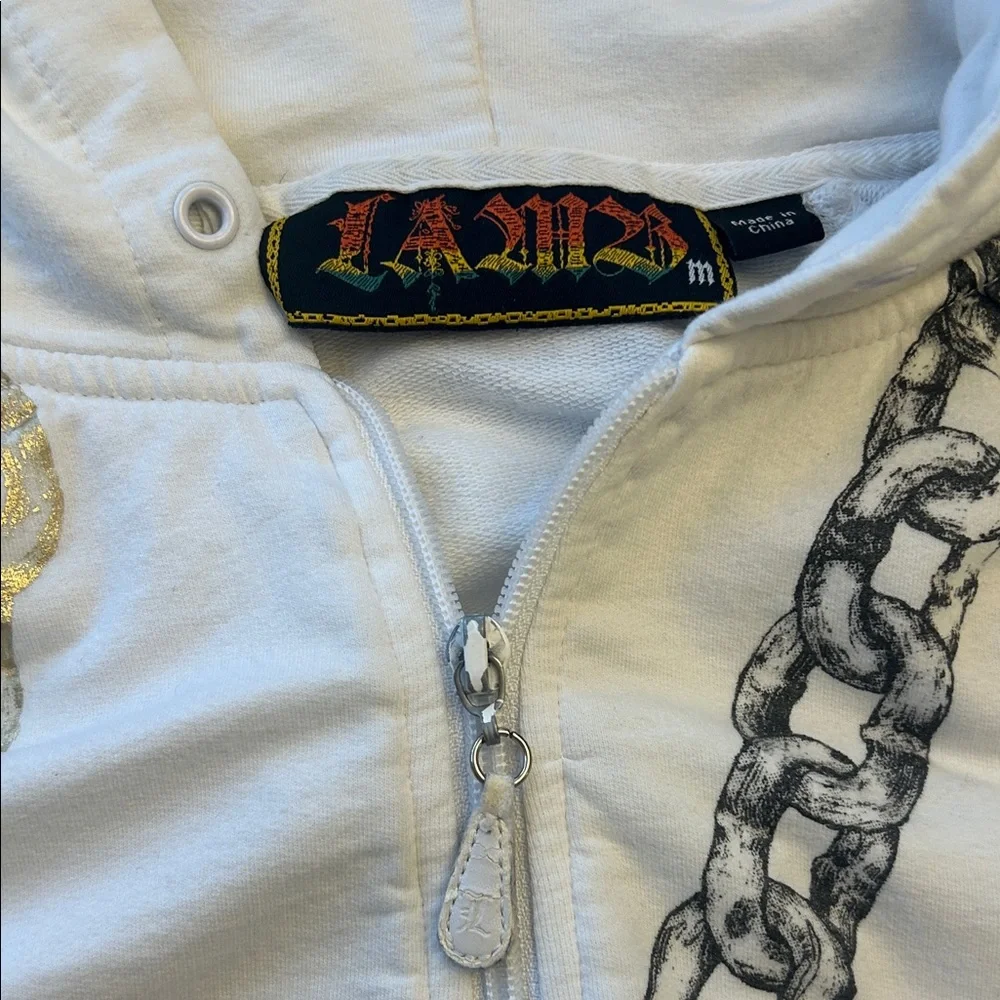 White Zip Hoodie with Black Chain Print & Gold Accent - Picture 2 of 5